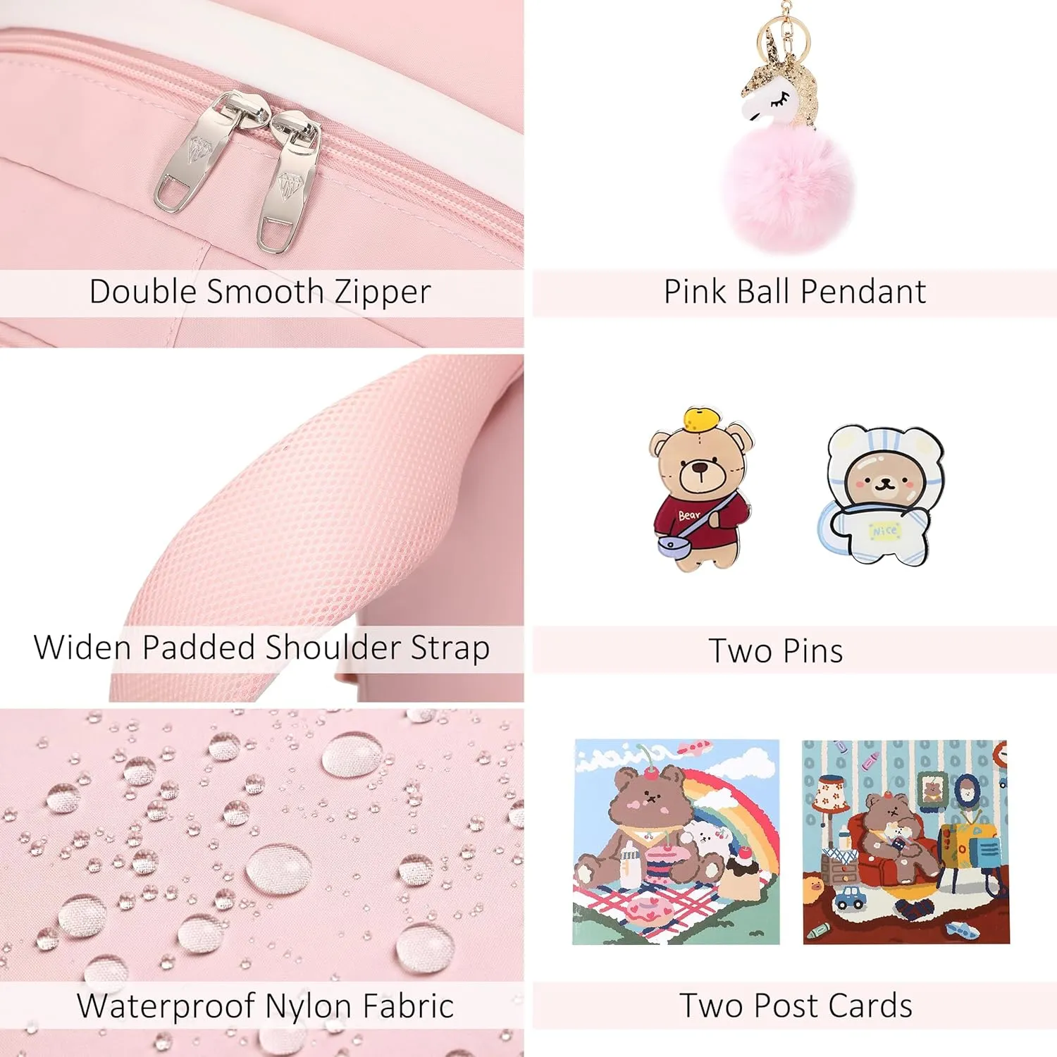 Backpack for Girls with Accessories Laptop Bookbags 16 Inch Kawaii Kids Elementary Middle High School Bag College Travel Daypack Gifts for Teens Women Students (Pink)
