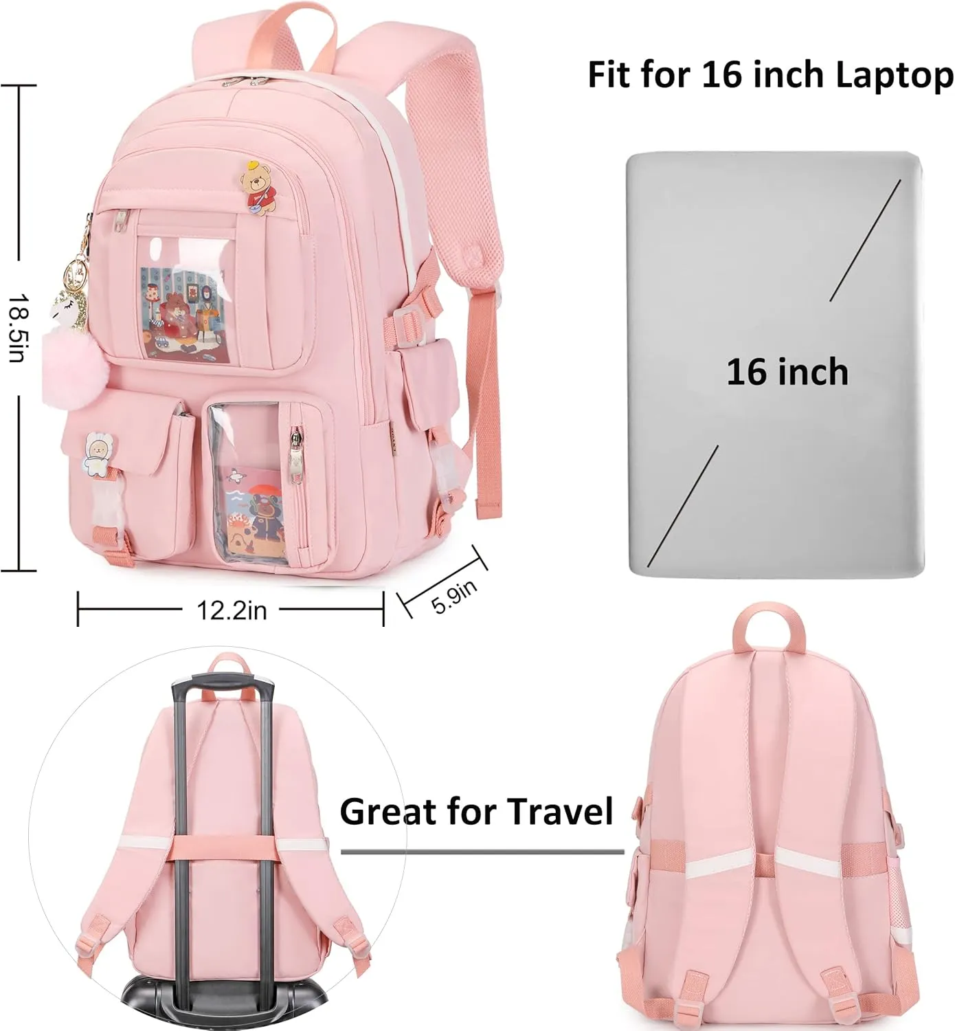 Backpack for Girls with Accessories Laptop Bookbags 16 Inch Kawaii Kids Elementary Middle High School Bag College Travel Daypack Gifts for Teens Women Students (Pink)