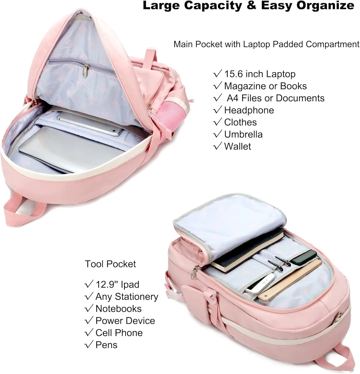Backpack for Girls with Accessories Laptop Bookbags 16 Inch Kawaii Kids Elementary Middle High School Bag College Travel Daypack Gifts for Teens Women Students (Pink)