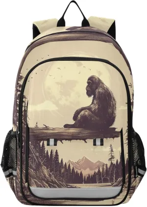 Backpack Sasquatch Full Moon Log Travel Laptop Daypack Shoulder Bag Book Bag Daypack with Reflective Strip 12.9 ×17.7 In