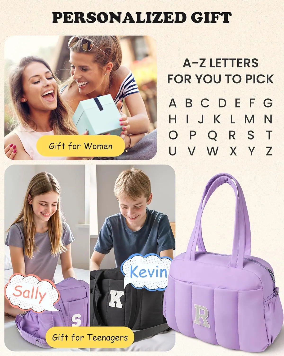 Bags Gifts for Women/Girls-Initial Lightweight Duffel Bag, Personalized Weekender Overnight Bags, Letter Travel bag with Makeup bags，Personalized Teacher Appreciation Gifts (Letter M)