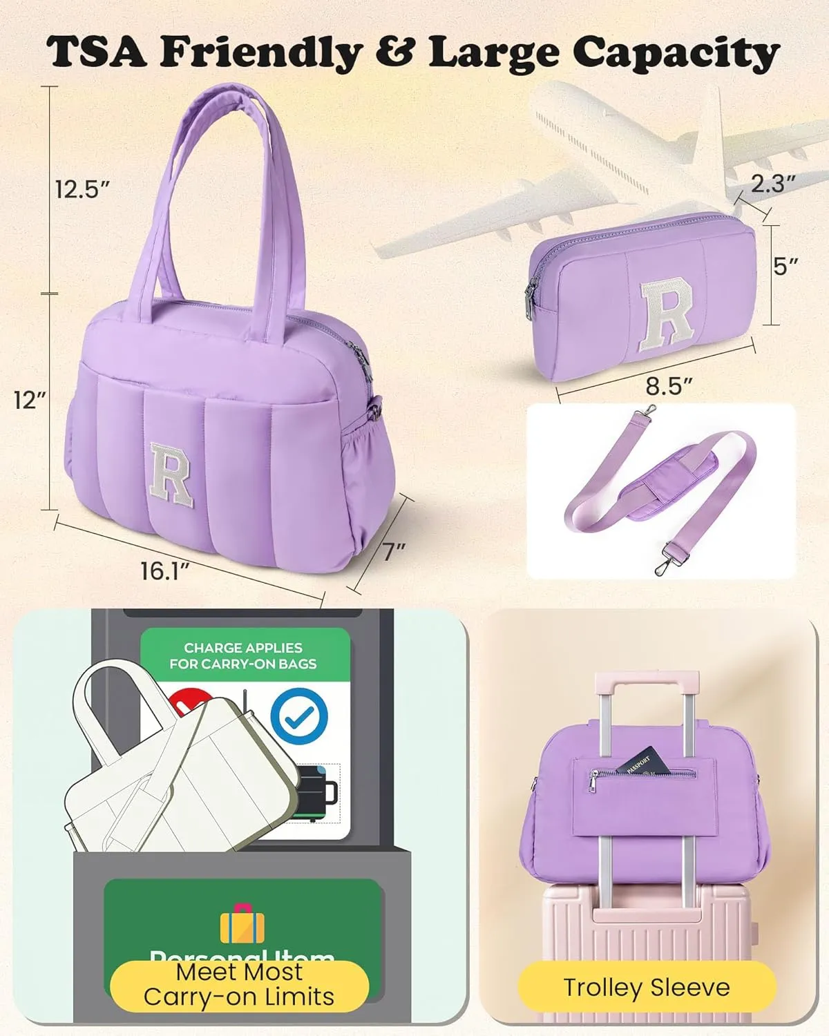 Bags Gifts for Women/Girls-Initial Lightweight Duffel Bag, Personalized Weekender Overnight Bags, Letter Travel bag with Makeup bags，Personalized Teacher Appreciation Gifts (Letter M)