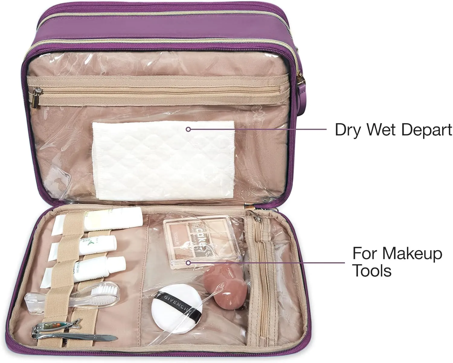 BAGSMART Large Toiletry Bag, Travel Makeup Organizer Water-resistant Makeup Cosmetic Bag Travel Bag for Accessories, Shampoo, Full Sized Container, Toiletries (Purple, Large)