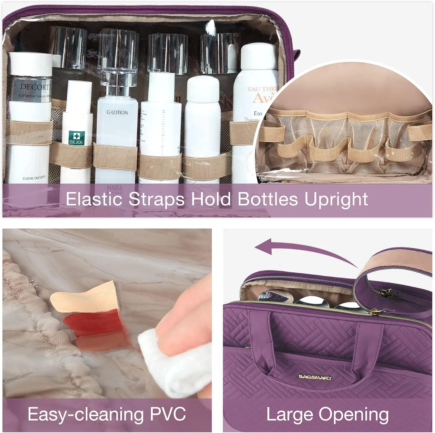 BAGSMART Large Toiletry Bag, Travel Makeup Organizer Water-resistant Makeup Cosmetic Bag Travel Bag for Accessories, Shampoo, Full Sized Container, Toiletries (Purple, Large)