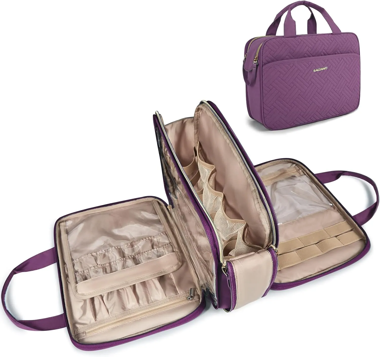 BAGSMART Large Toiletry Bag, Travel Makeup Organizer Water-resistant Makeup Cosmetic Bag Travel Bag for Accessories, Shampoo, Full Sized Container, Toiletries (Purple, Large)