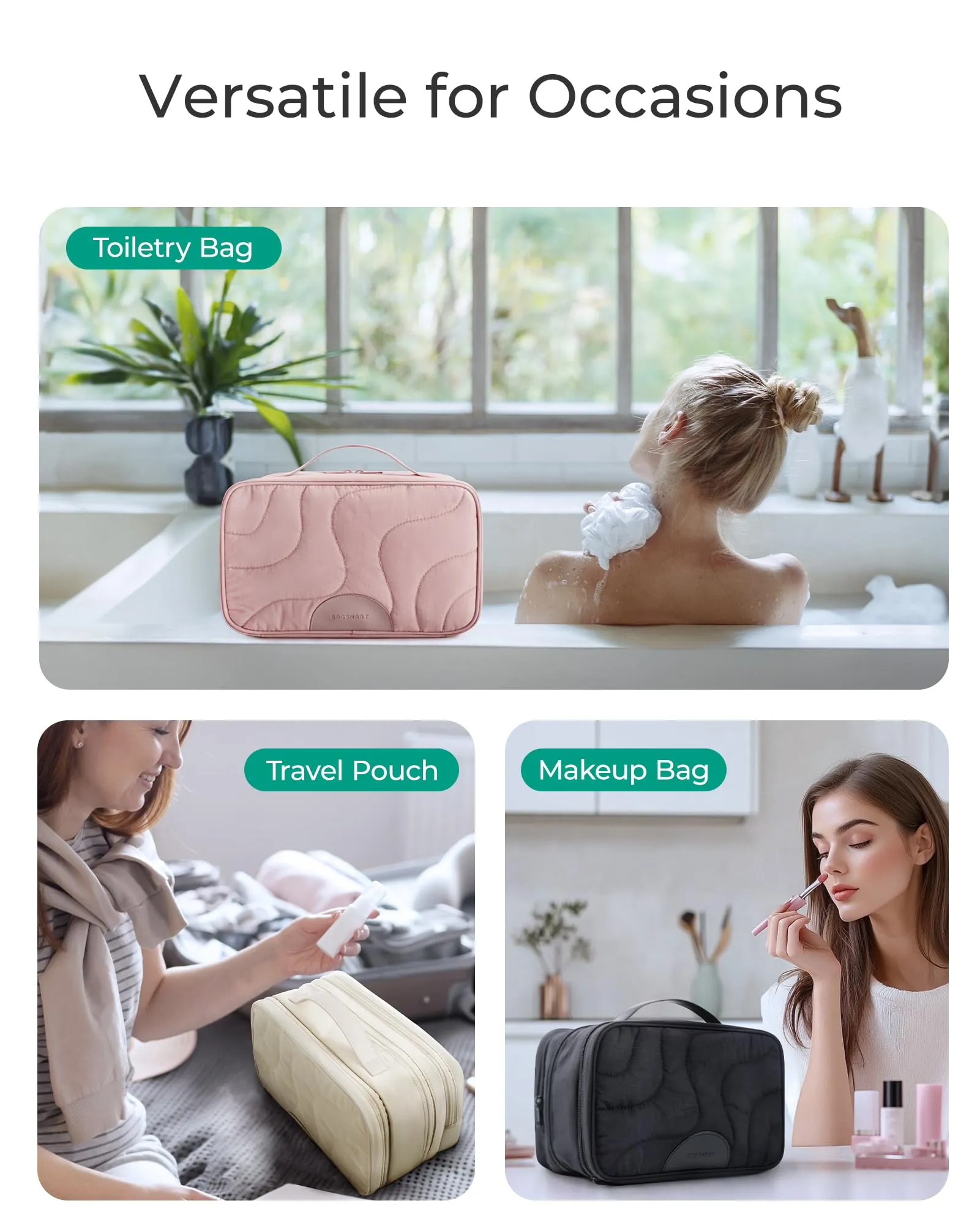 BAGSMART Toiletry Bag for Women, Wide-open Makeup Bag Organizer for Travel Essentials Travel-size, Water-resistant Large Capacity Cosmetic Bag for Accessories, Shampoo, Toiletries with Handle, Black