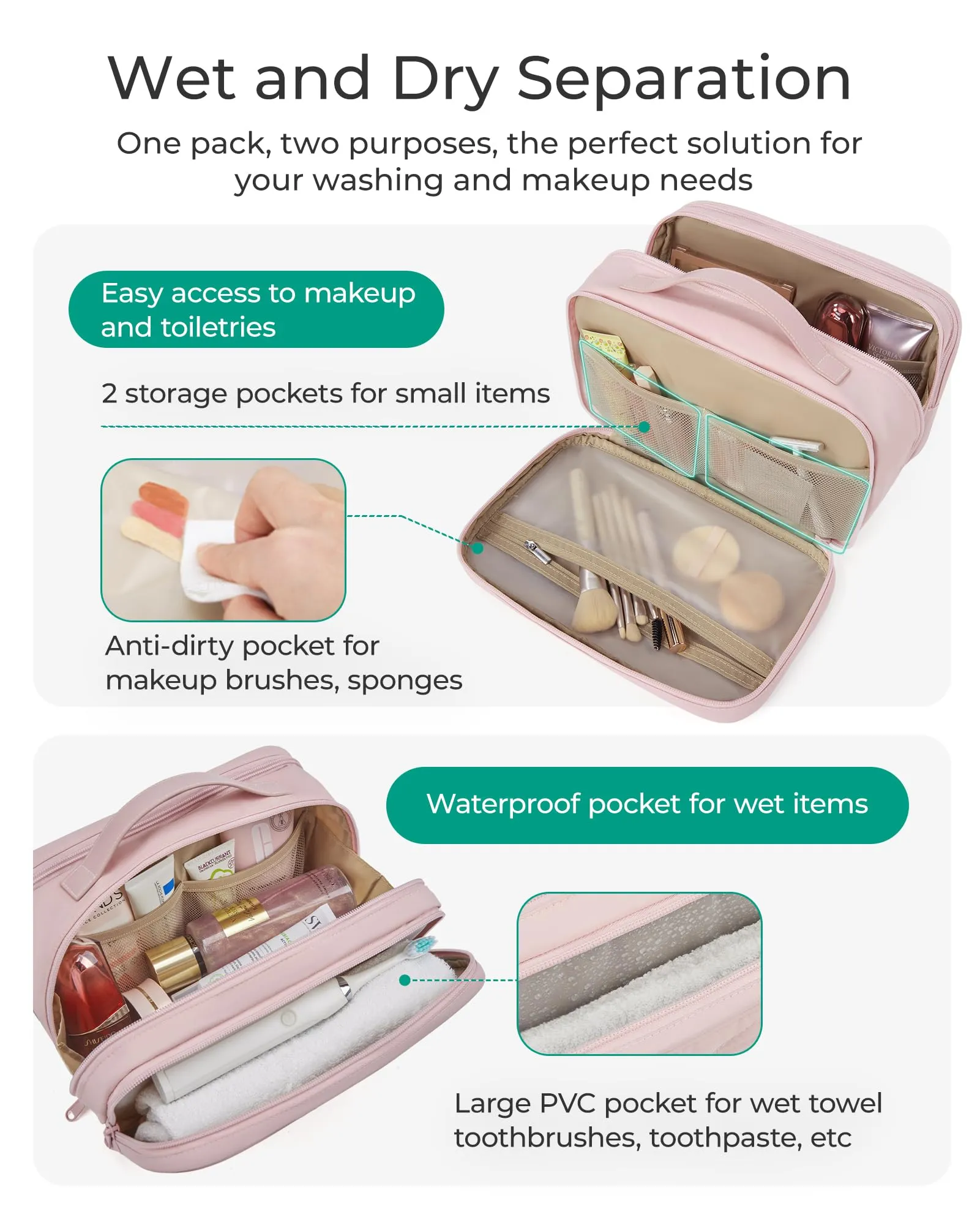 BAGSMART Toiletry Bag for Women, Wide-open Makeup Bag Organizer for Travel Essentials Travel-size, Water-resistant Large Capacity Cosmetic Bag for Accessories, Shampoo, Toiletries with Handle, Black