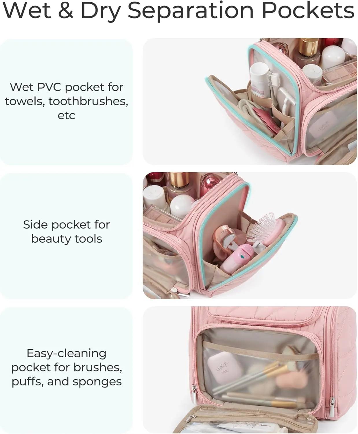 BAGSMART Toiletry Bag Travel Bag with Hanging Hook, Water-resistant Lightweight Puffy Makeup Bag Large Wide-open Travel Bag for Women Travel Organizer for Accessories, Cosmetics, Toiletries, Pink