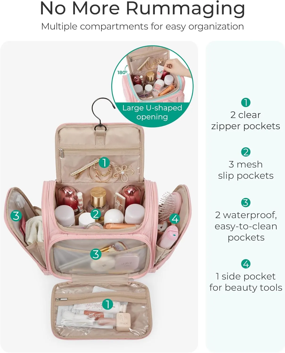 BAGSMART Toiletry Bag Travel Bag with Hanging Hook, Water-resistant Lightweight Puffy Makeup Bag Large Wide-open Travel Bag for Women Travel Organizer for Accessories, Cosmetics, Toiletries, Pink