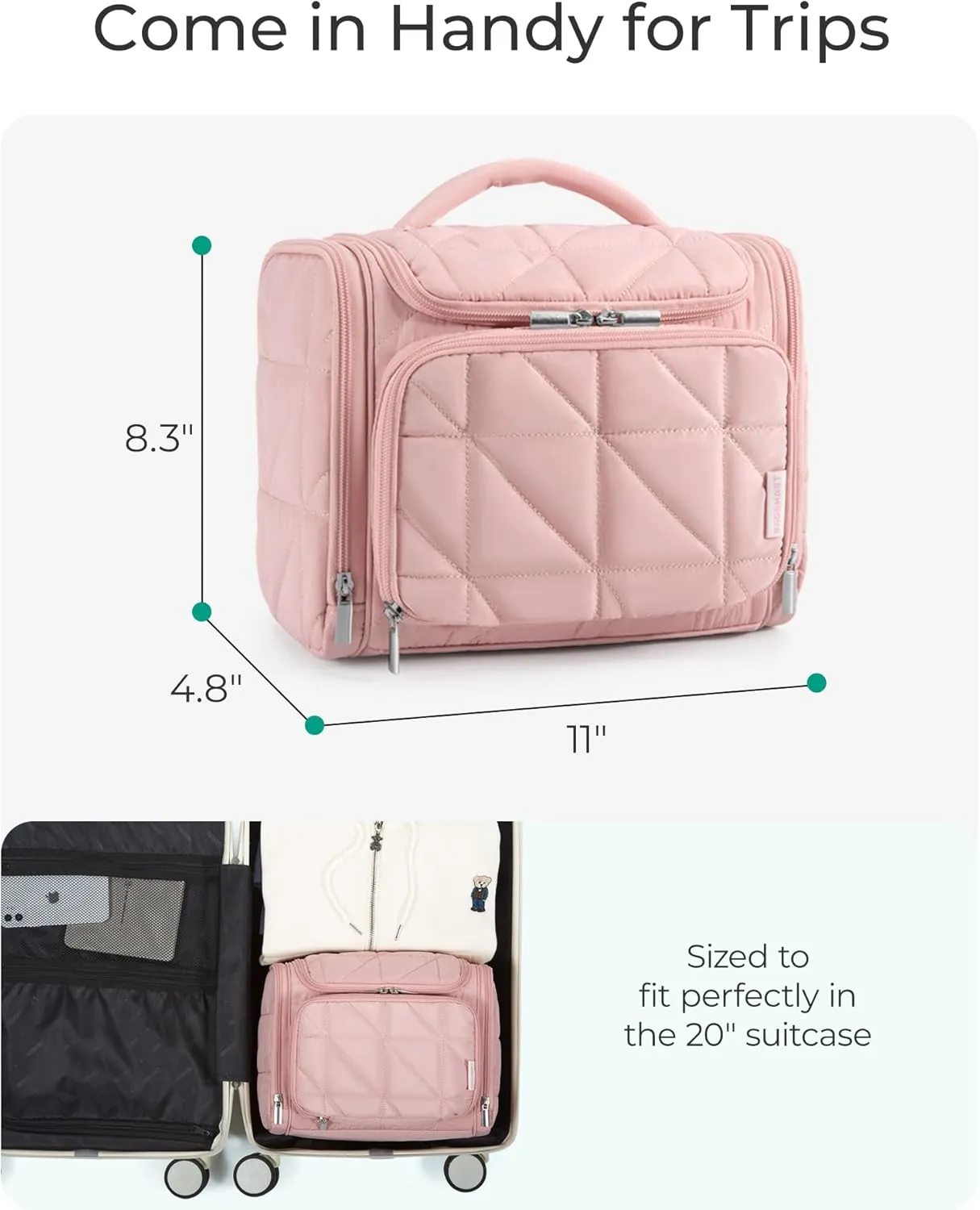 BAGSMART Toiletry Bag Travel Bag with Hanging Hook, Water-resistant Lightweight Puffy Makeup Bag Large Wide-open Travel Bag for Women Travel Organizer for Accessories, Cosmetics, Toiletries, Pink