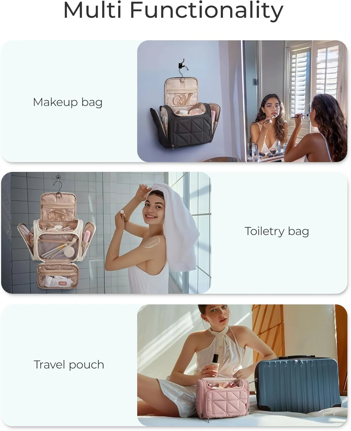 BAGSMART Toiletry Bag Travel Bag with Hanging Hook, Water-resistant Lightweight Puffy Makeup Bag Large Wide-open Travel Bag for Women Travel Organizer for Accessories, Cosmetics, Toiletries, Pink