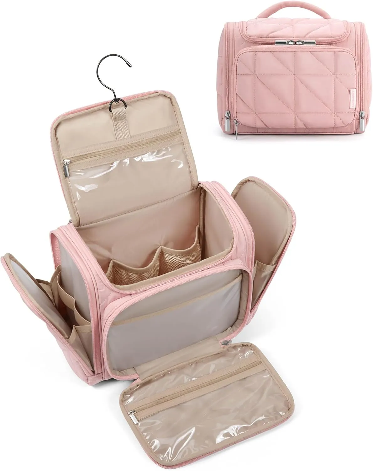 BAGSMART Toiletry Bag Travel Bag with Hanging Hook, Water-resistant Lightweight Puffy Makeup Bag Large Wide-open Travel Bag for Women Travel Organizer for Accessories, Cosmetics, Toiletries, Pink