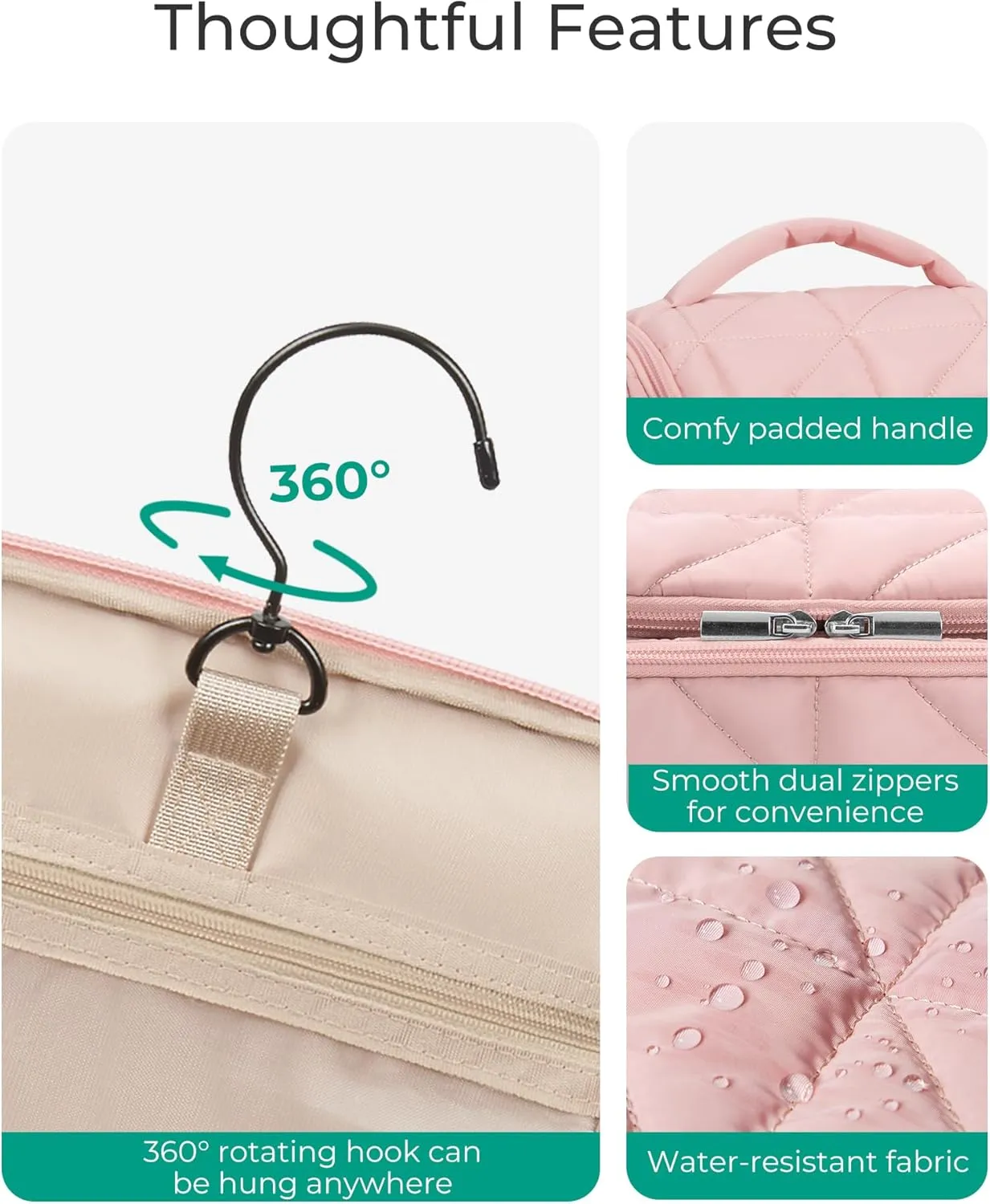 BAGSMART Toiletry Bag Travel Bag with Hanging Hook, Water-resistant Lightweight Puffy Makeup Bag Large Wide-open Travel Bag for Women Travel Organizer for Accessories, Cosmetics, Toiletries, Pink