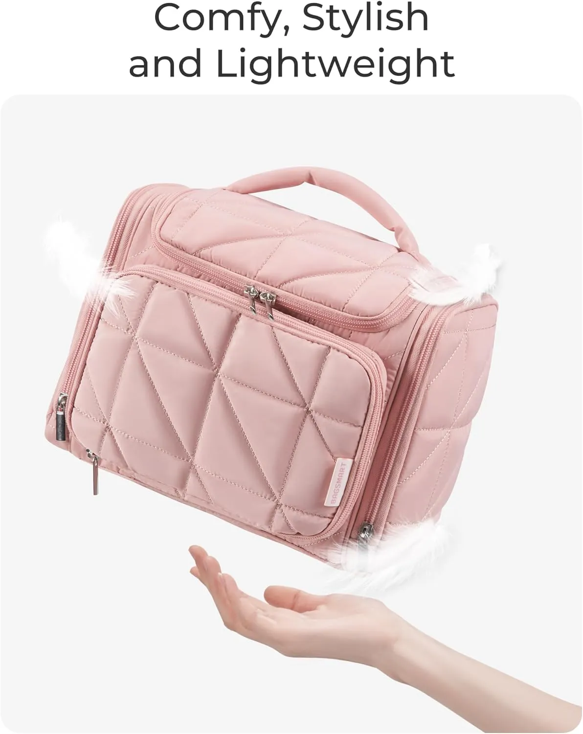 BAGSMART Toiletry Bag Travel Bag with Hanging Hook, Water-resistant Lightweight Puffy Makeup Bag Large Wide-open Travel Bag for Women Travel Organizer for Accessories, Cosmetics, Toiletries, Pink
