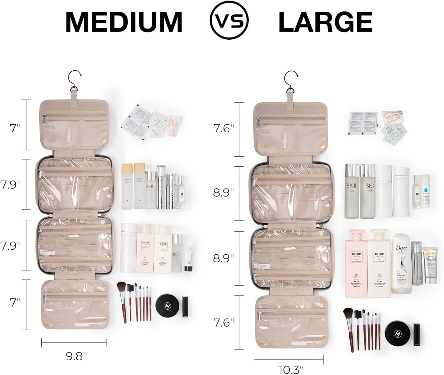 BAGSMART Toiletry Bag Travel Bag with Hanging Hook, Water-resistant Makeup Cosmetic Bag Travel Organizer for Accessories, Shampoo, Full-size Container, Toiletries (Camel, Medium)