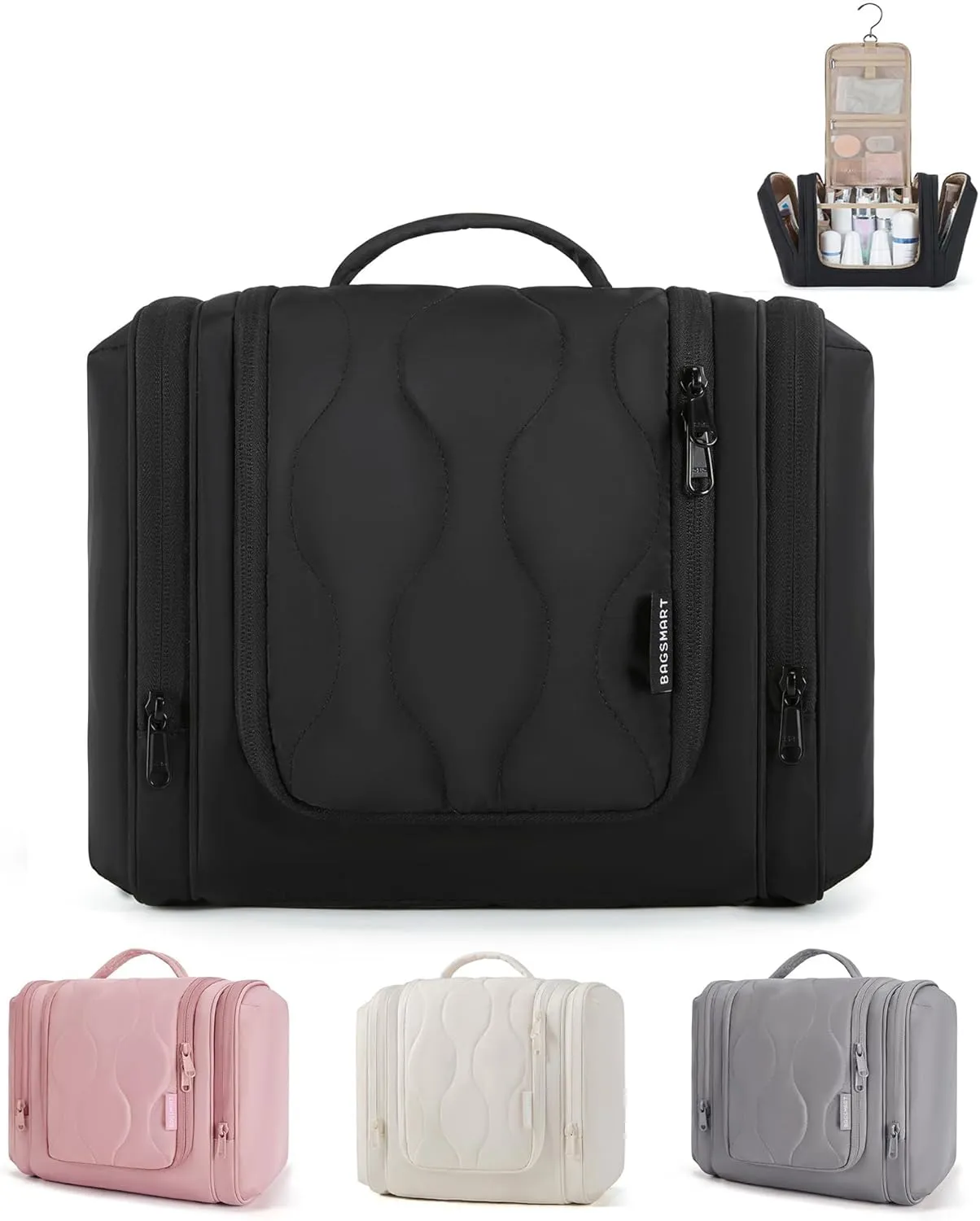 BAGSMART Travel Toiletry Bag for Women, Puffy Water-resistant Hanging Organizer with Hook for Full Sized Toiletries, Black