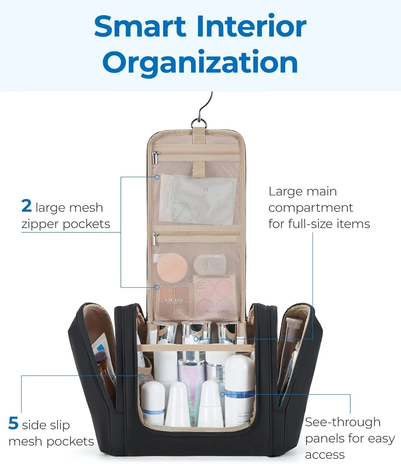 BAGSMART Travel Toiletry Bag for Women, Puffy Water-resistant Hanging Organizer with Hook for Full Sized Toiletries, Gray