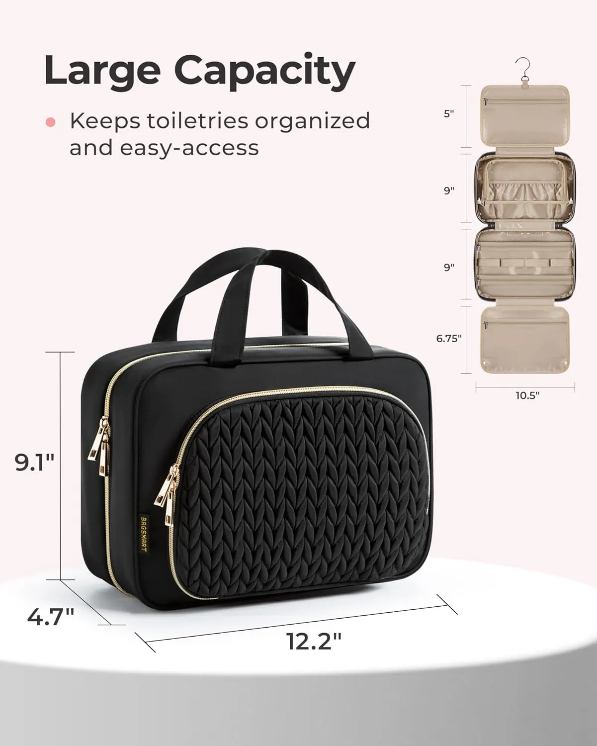 BAGSMART Travel Toiletry Bag with Jewelry Organizer, Hanging Travel Bag for Toiletries, Makeup Cosmetic Bag Organizer, Carry-on Travel Accessories Essentials, Pink-L
