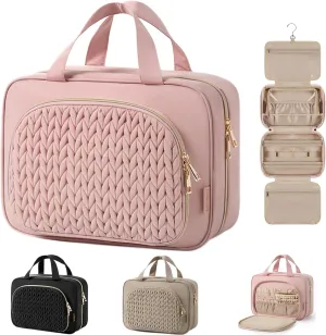 BAGSMART Travel Toiletry Bag with Jewelry Organizer, Hanging Travel Bag for Toiletries, Makeup Cosmetic Bag Organizer, Carry-on Travel Accessories Essentials, Pink-L