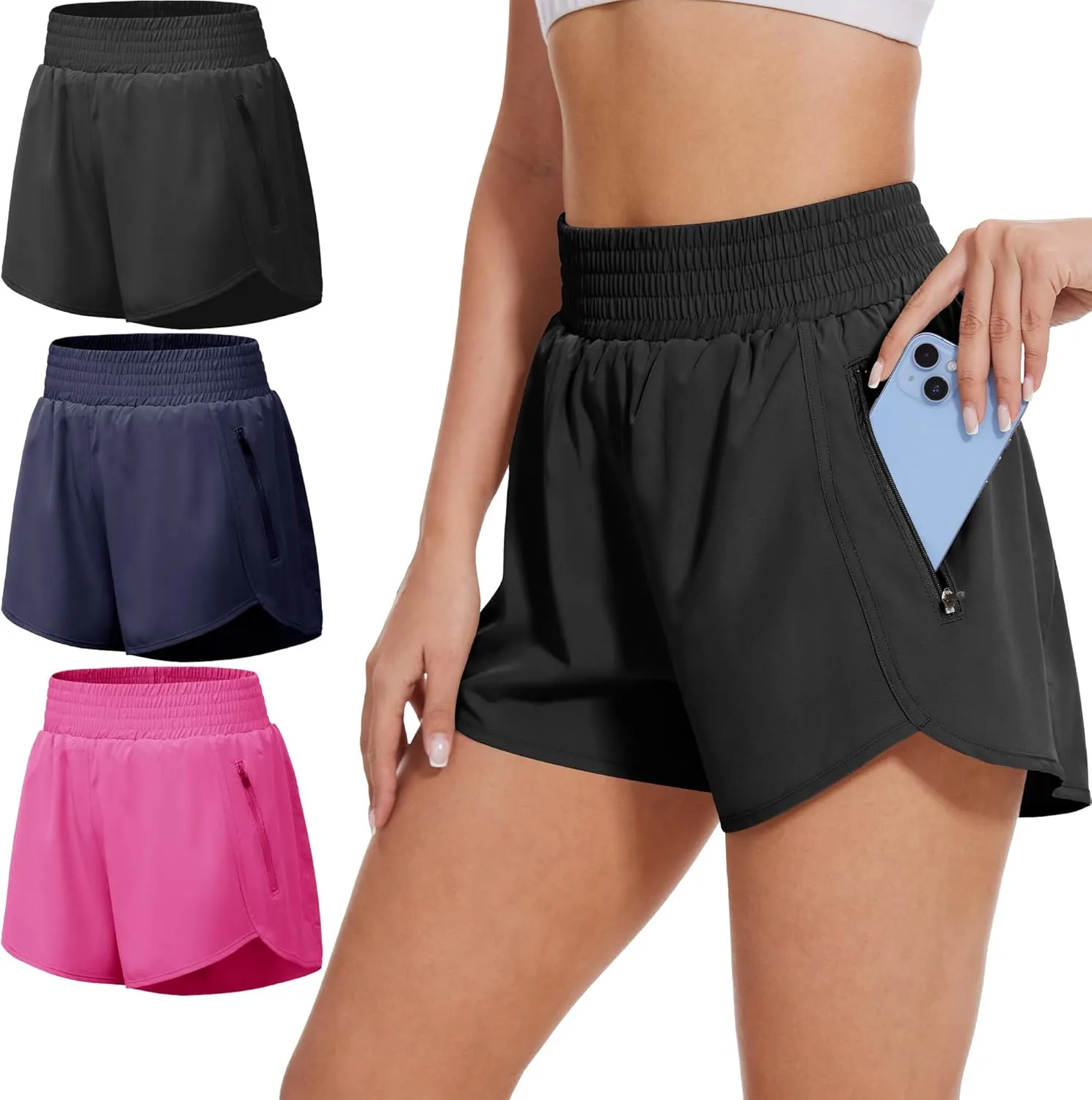 BALENNZ Women's Athletic Workout Shorts with Zipper Pockets Activewear Elastic Waist Gym Running Shorts