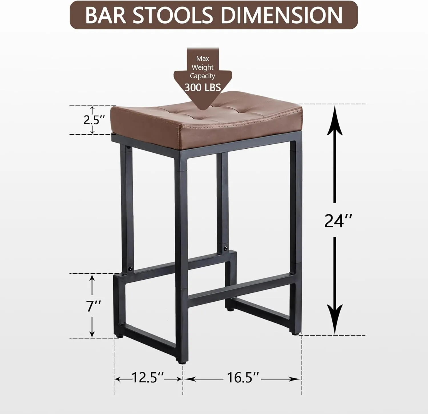 Bar Stools Set of 3, 24" Counter Height Bar Stools, Faux Leather Barstools for Kitchen Island, Backless Saddle Stools with Metal Legs (Dark Brown, 3PCS 24" Counter Stools)