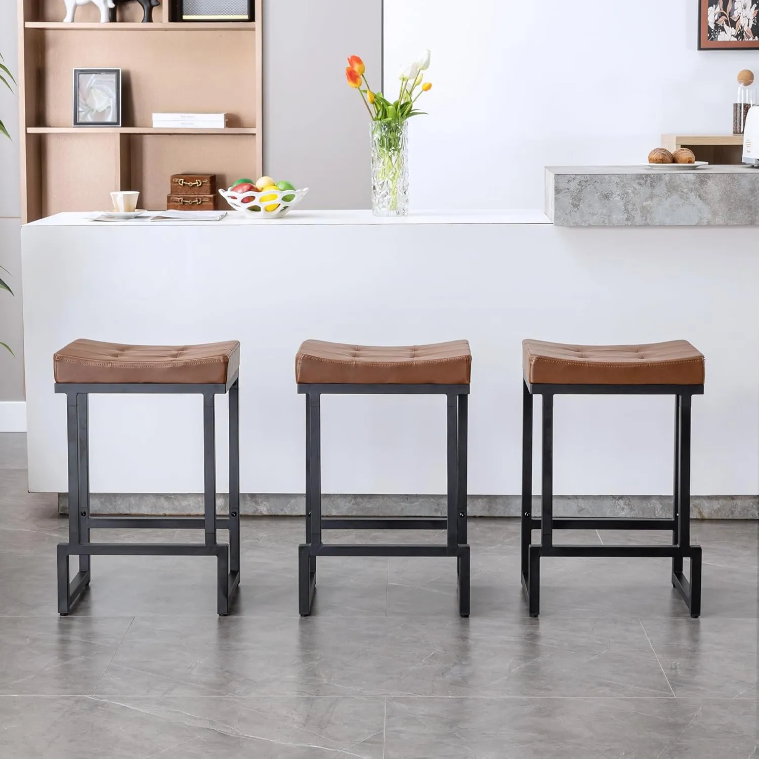 Bar Stools Set of 3, 24" Counter Height Bar Stools, Faux Leather Barstools for Kitchen Island, Backless Saddle Stools with Metal Legs (Dark Brown, 3PCS 24" Counter Stools)