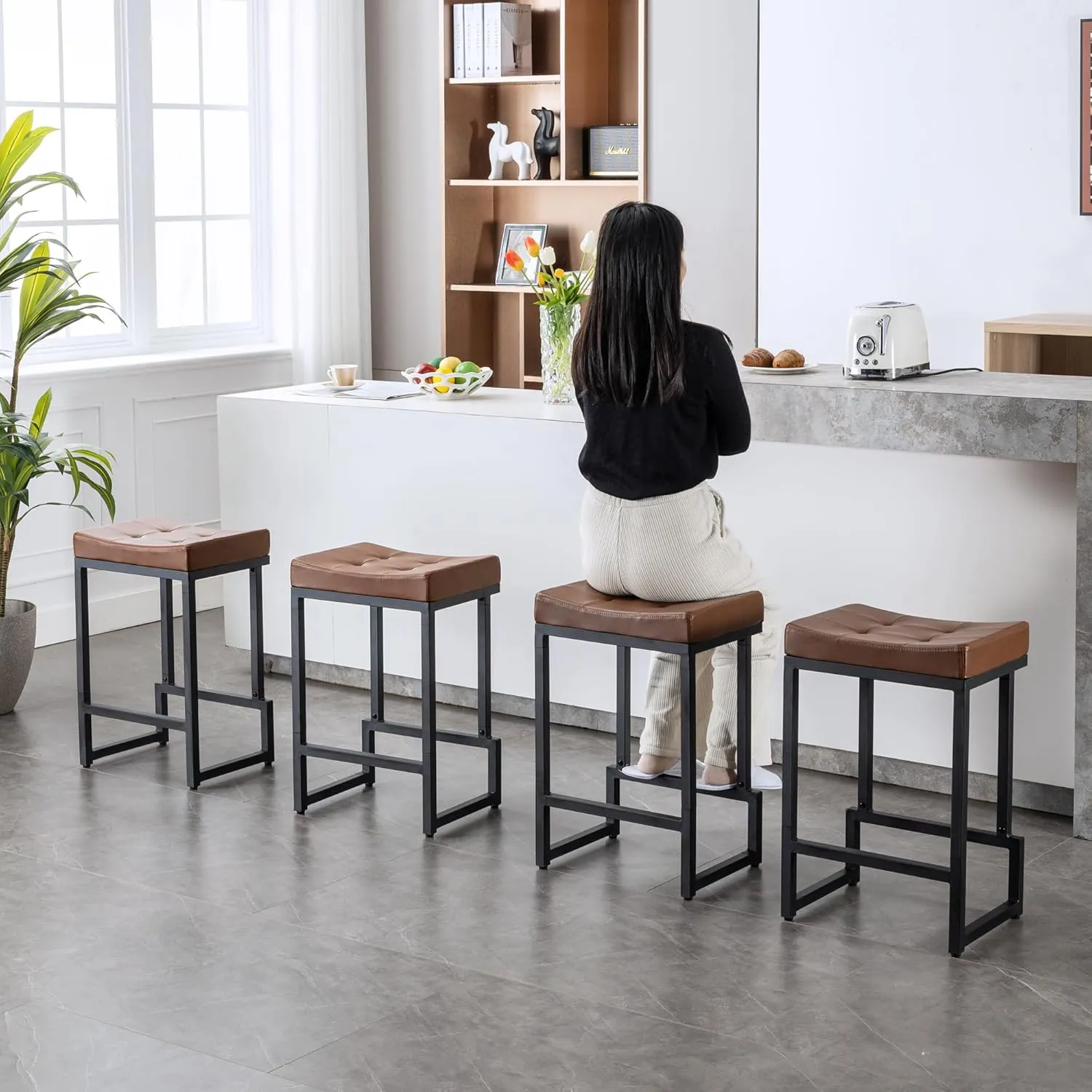 Bar Stools Set of 3, 24" Counter Height Bar Stools, Faux Leather Barstools for Kitchen Island, Backless Saddle Stools with Metal Legs (Dark Brown, 3PCS 24" Counter Stools)