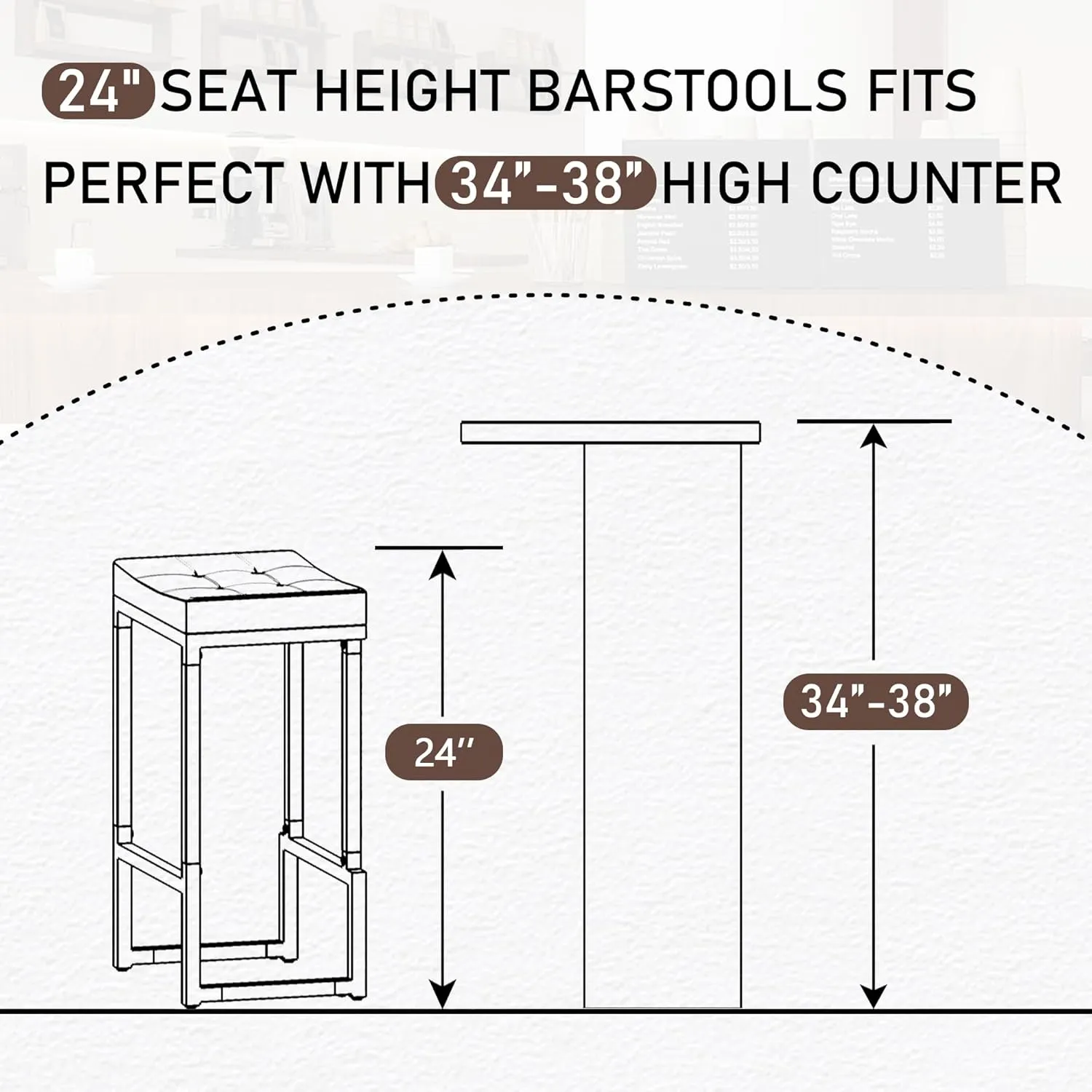Bar Stools Set of 3, 24" Counter Height Bar Stools, Faux Leather Barstools for Kitchen Island, Backless Saddle Stools with Metal Legs (Dark Brown, 3PCS 24" Counter Stools)