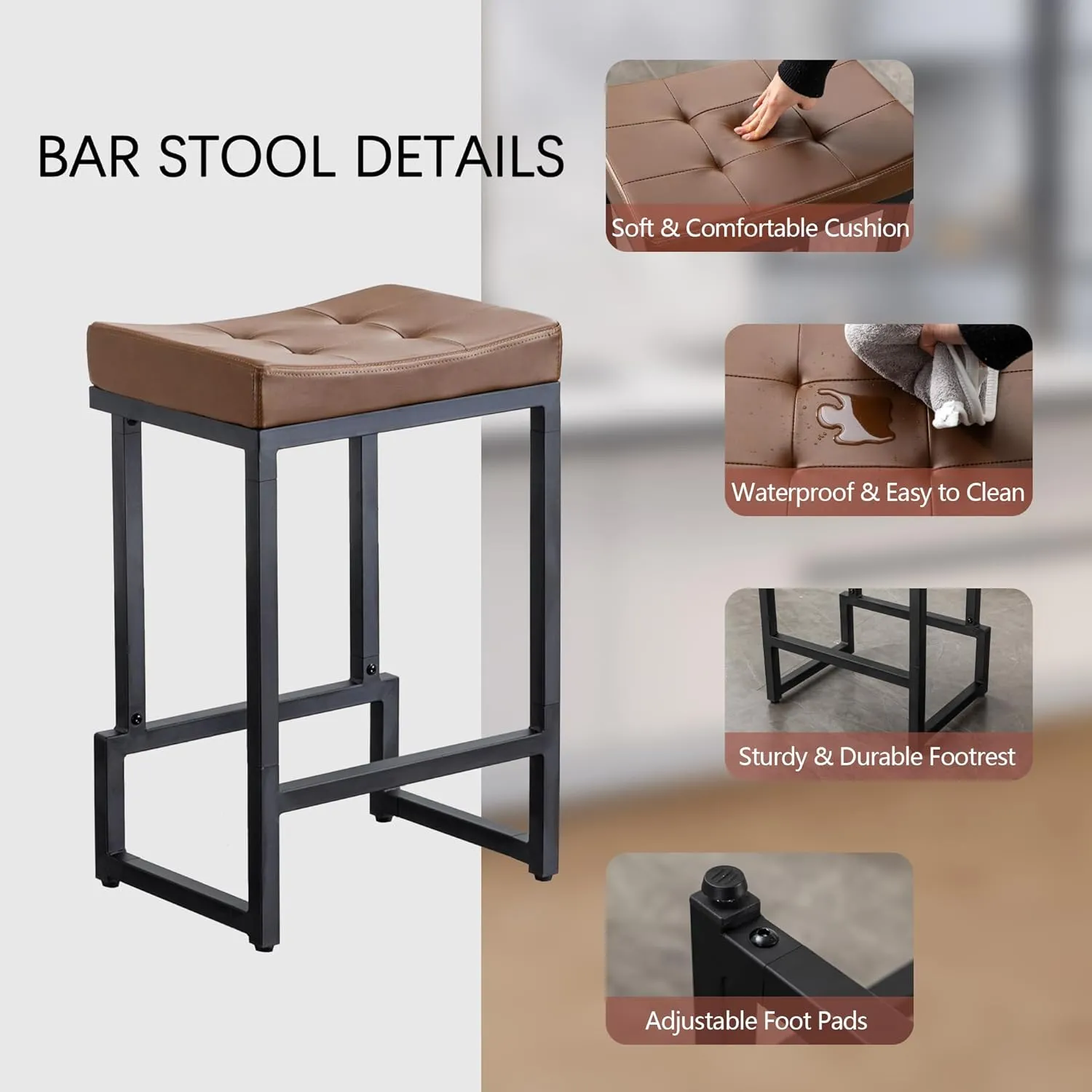 Bar Stools Set of 3, 24" Counter Height Bar Stools, Faux Leather Barstools for Kitchen Island, Backless Saddle Stools with Metal Legs (Dark Brown, 3PCS 24" Counter Stools)