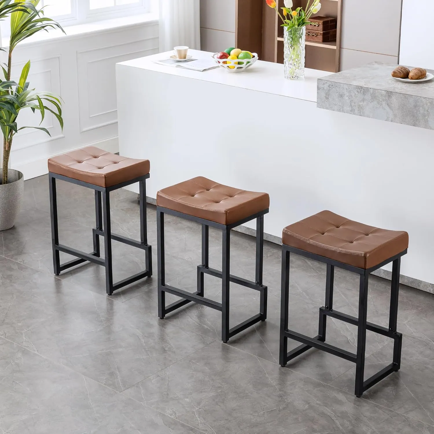 Bar Stools Set of 3, 24" Counter Height Bar Stools, Faux Leather Barstools for Kitchen Island, Backless Saddle Stools with Metal Legs (Dark Brown, 3PCS 24" Counter Stools)