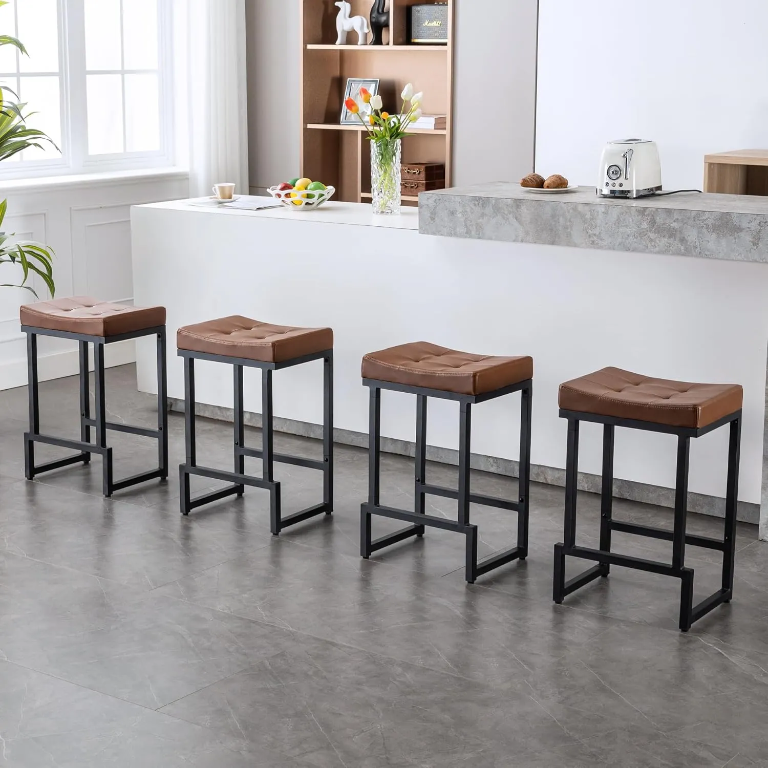 Bar Stools Set of 3, 24" Counter Height Bar Stools, Faux Leather Barstools for Kitchen Island, Backless Saddle Stools with Metal Legs (Dark Brown, 3PCS 24" Counter Stools)