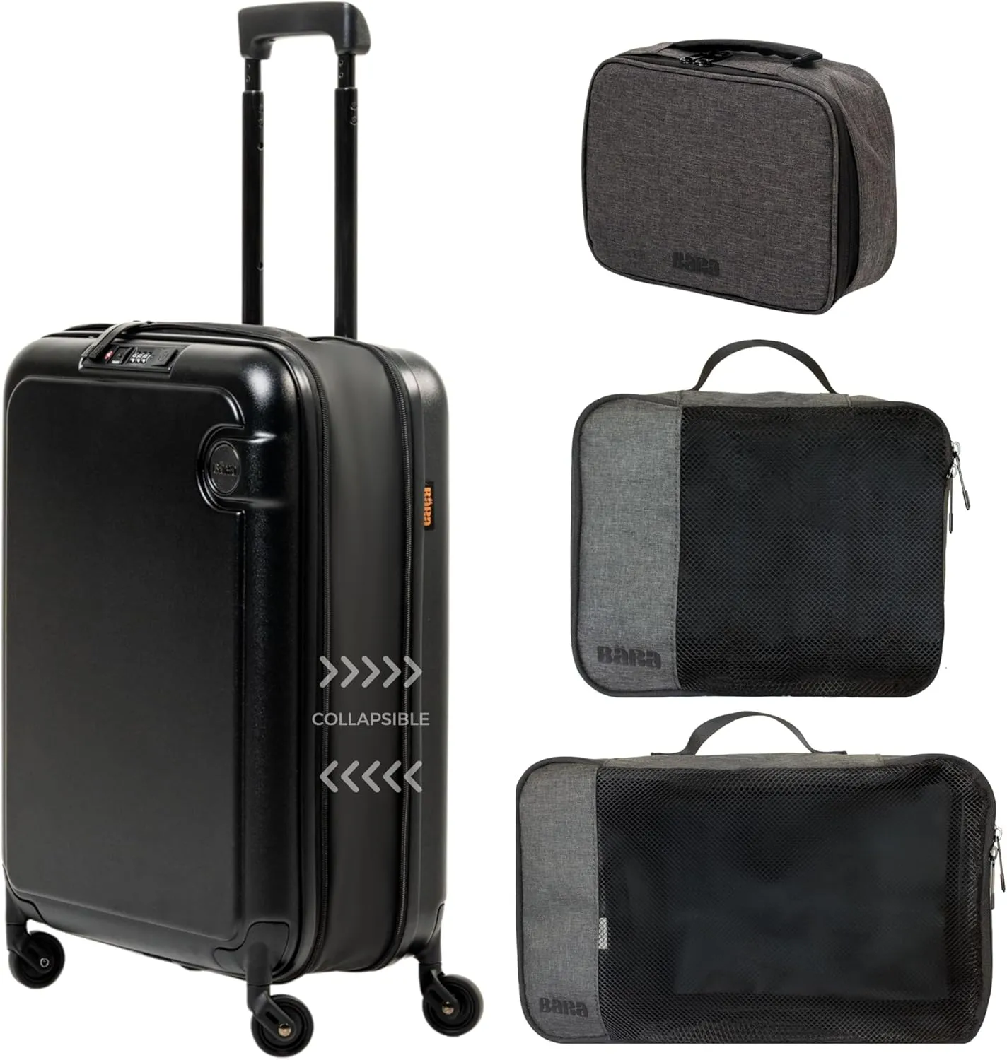 BARA 3 Piece Hardside Expandable Carry On Luggage with TSA Lock and Double Spinner Wheels - Includes Packing Cubes & Toiletry Bag - Water Resistant Rolling Suitcase & Travel Accessories, Black