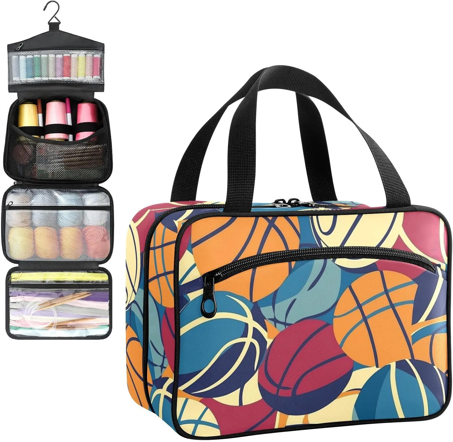 Basketball Abstract Travel Toiletry Bag, Hanging Toiletry Bag Portable with Zipper, Sewing Storage with 4 Compartment and Hook for women/men Travel/Daily Use