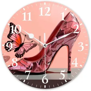 Battery Operated Round Wall Clock Non-Ticking Silent Analog Clcok Decorative for Living Room,Office,Kitchen-Rose - Colored High - Heel Shoe with Butterfly Flying by(12inch)