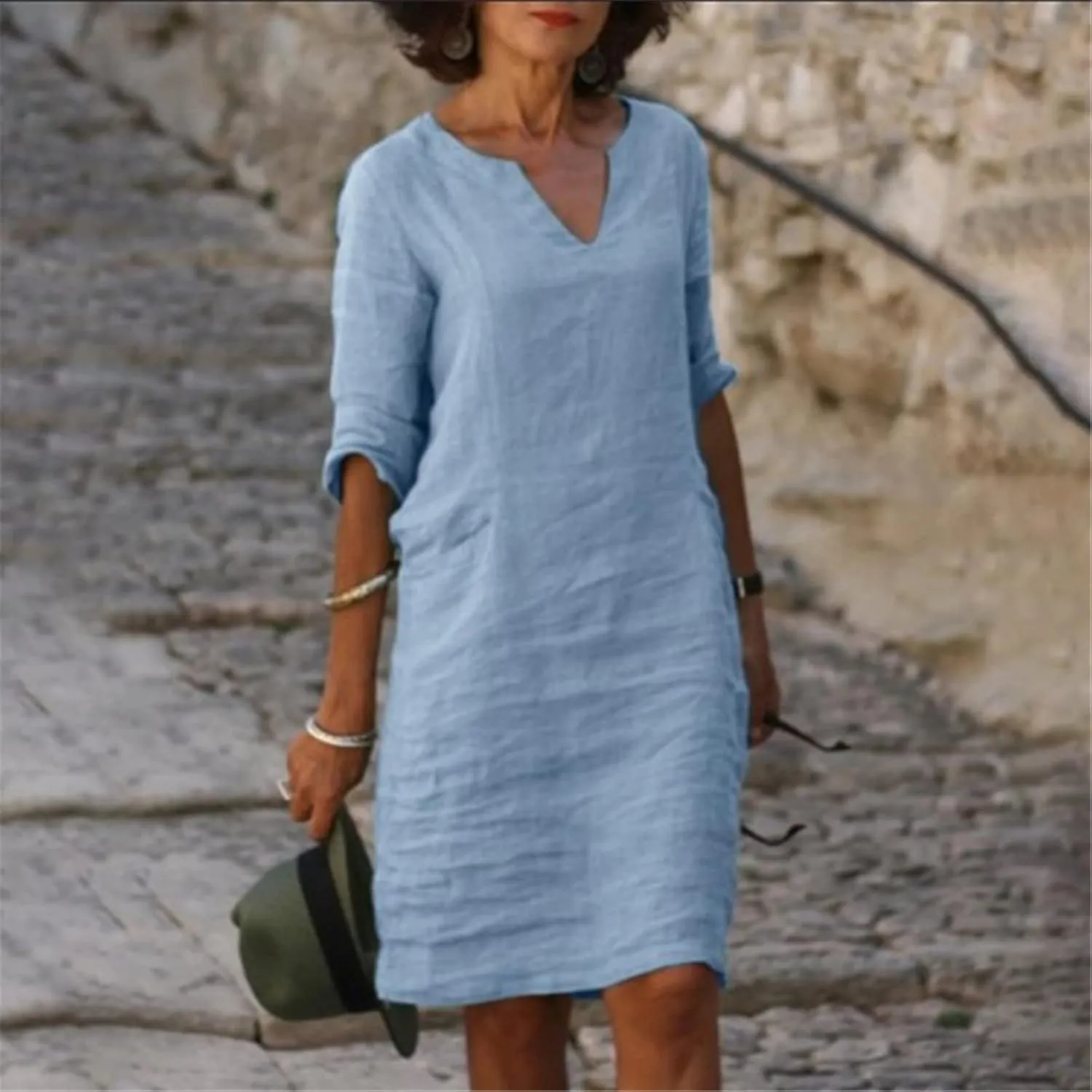 BAXLIMEK Cotton Linen Dresses for Women,2025 Summer Trendy Elegant Plain Beach Dress,Casual 3/4 Sleeve Midi Dress