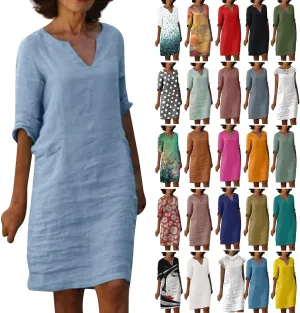 BAXLIMEK Cotton Linen Dresses for Women,2025 Summer Trendy Elegant Plain Beach Dress,Casual 3/4 Sleeve Midi Dress