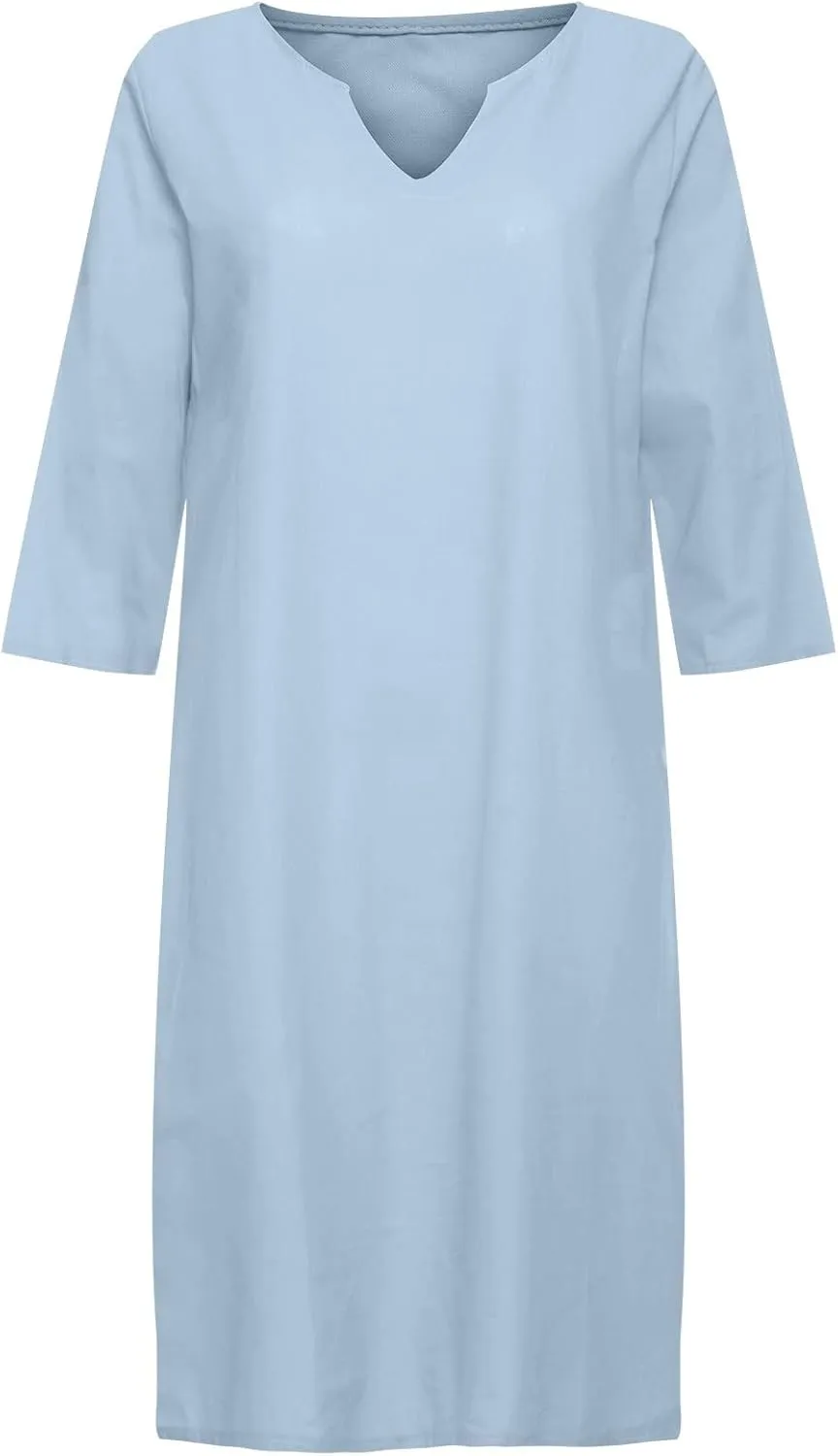 BAXLIMEK Cotton Linen Dresses for Women,2025 Summer Trendy Elegant Plain Beach Dress,Casual 3/4 Sleeve Midi Dress