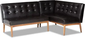 Baxton Studio Arvid Mid-Century Modern Dark Brown Faux Leather Upholstered 2-Piece Wood Dining Corner Sofa Bench