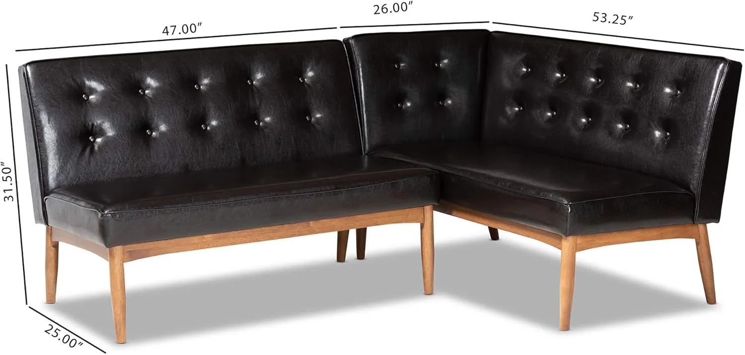 Baxton Studio Arvid Mid-Century Modern Dark Brown Faux Leather Upholstered 2-Piece Wood Dining Corner Sofa Bench