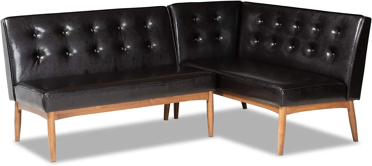 Baxton Studio Arvid Mid-Century Modern Dark Brown Faux Leather Upholstered 2-Piece Wood Dining Corner Sofa Bench