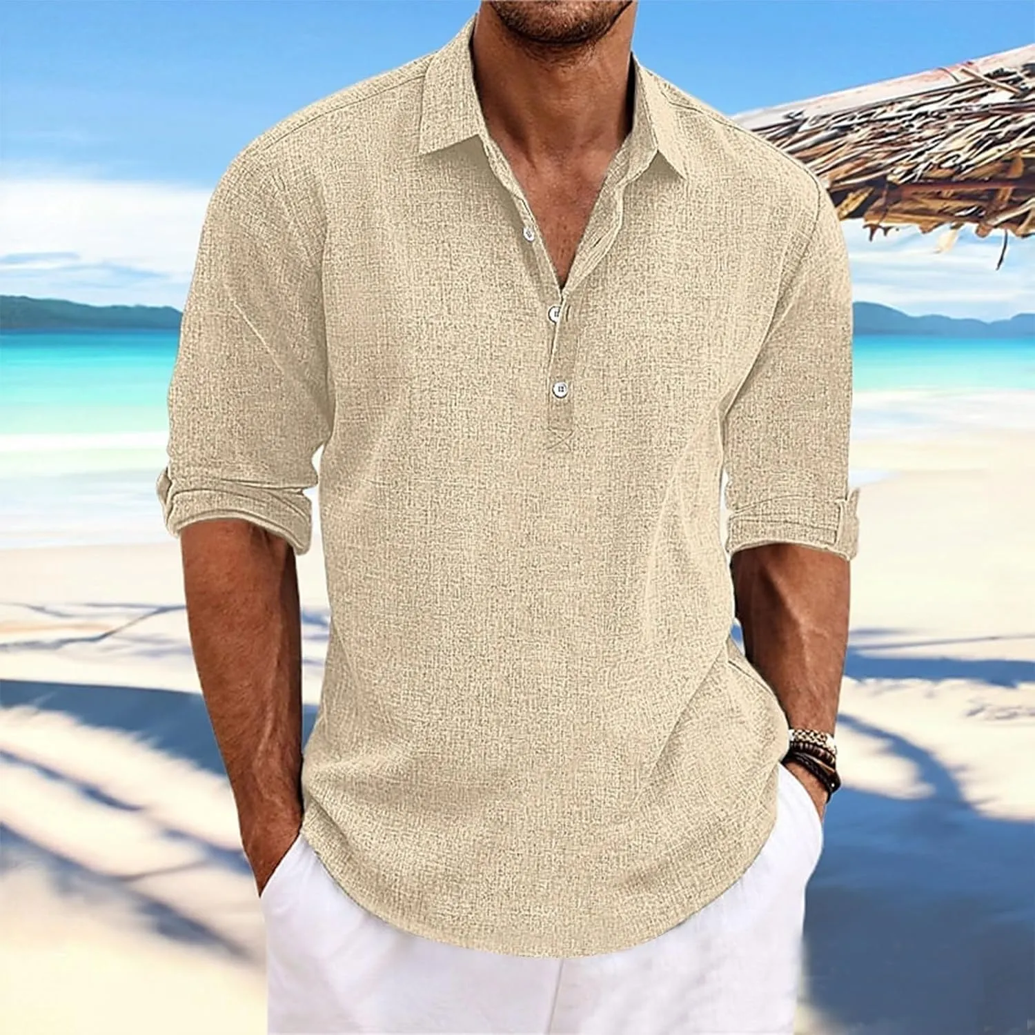 Beach Shirts for Men Cotton Blend Shirt Solid Long Sleeve Button Down Shirt Casual Blouse Summer Hawaiian Shirts