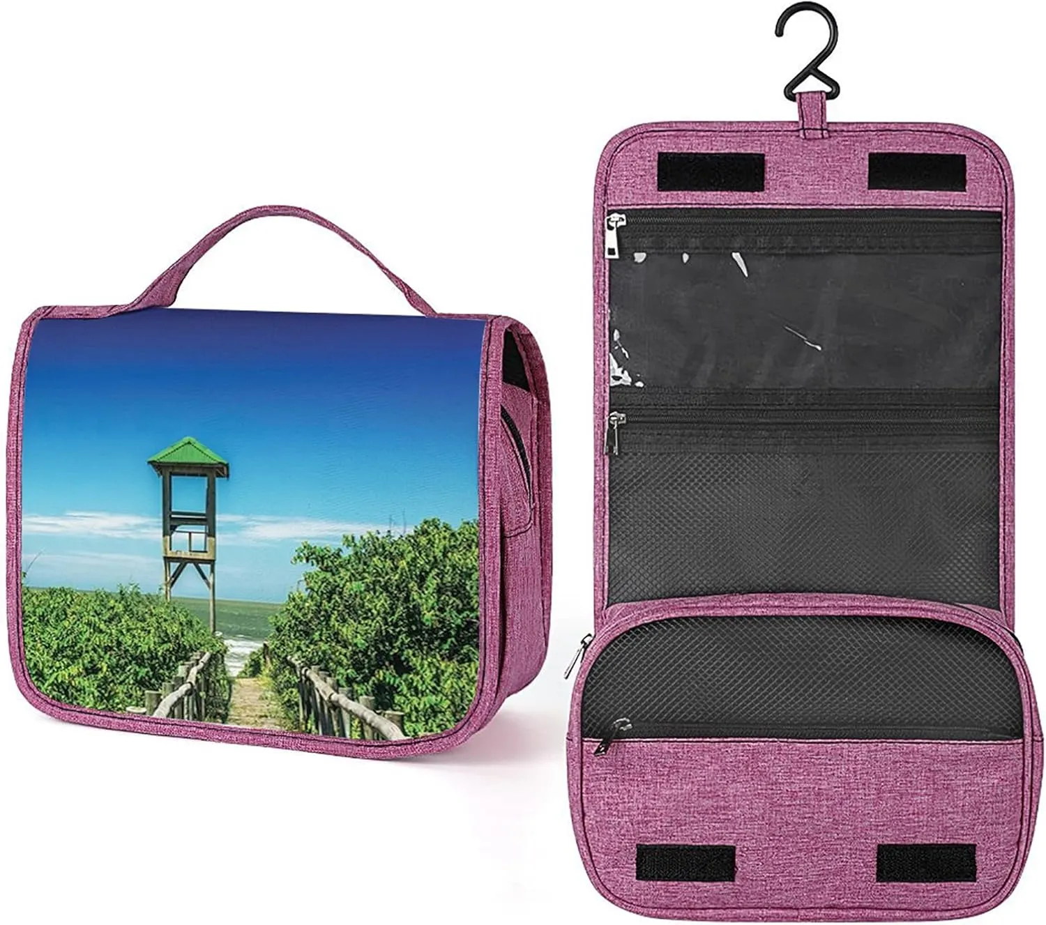 Beach Theme,Waterproof Travel Toiletry Hanging Bag,Tropical Seacoast Greenery Bushes,Makeup bag,Travel Organizers,Cosmetic Travel-Sized Container,Large Capacity for Women,Blue Green