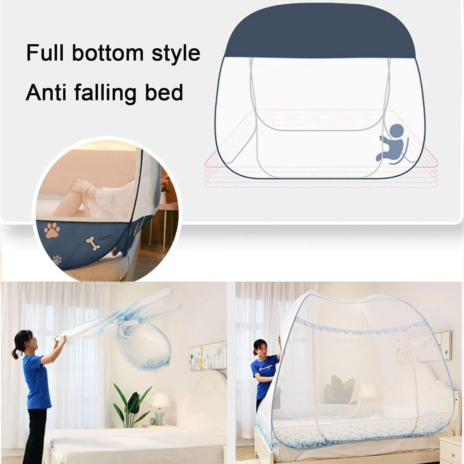 Bedspread Mosquito Net, Foldable Three-Door Mosquito Net with Bottom, Effectively Prevent Mosquito Bites(1.5 * 2.0m)