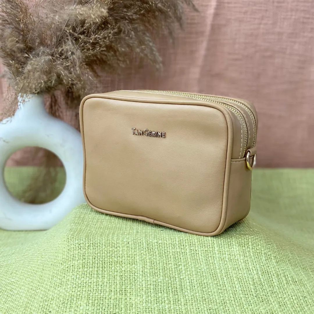Beige Dual Compartment Bag with Black T-Shape Belt   Big Wallet   Mini Wallet Combo