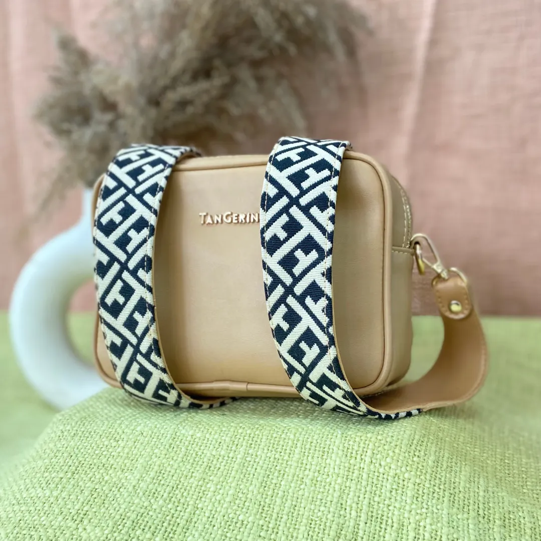 Beige Dual Compartment Bag with Black T-Shape Belt   Big Wallet   Mini Wallet Combo