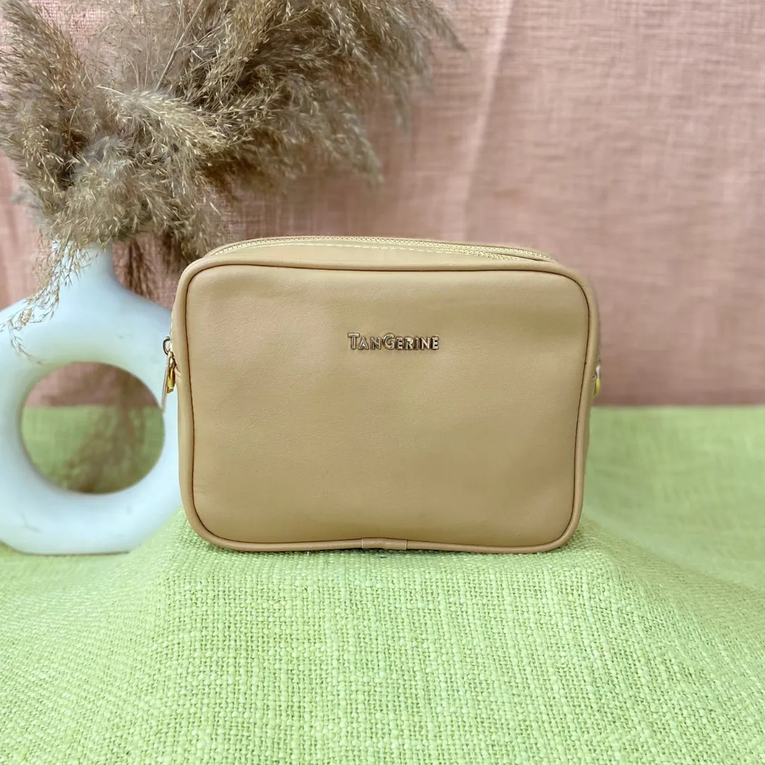 Beige Dual Compartment Bag with Black T-Shape Belt   Big Wallet   Mini Wallet Combo