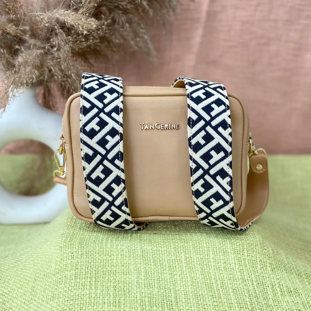 Beige Dual Compartment Bag with Black T-Shape Belt   Big Wallet   Mini Wallet Combo