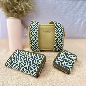 Beige Dual Compartment Bag with Black T-Shape Belt   Big Wallet   Mini Wallet Combo