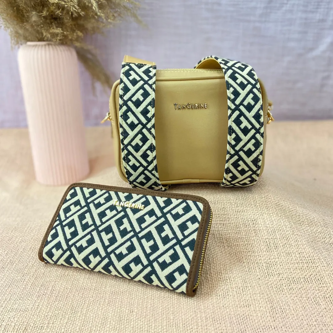 Beige Dual Compartment Bag with Black T-Shape Belt   Big Wallet   Mini Wallet Combo