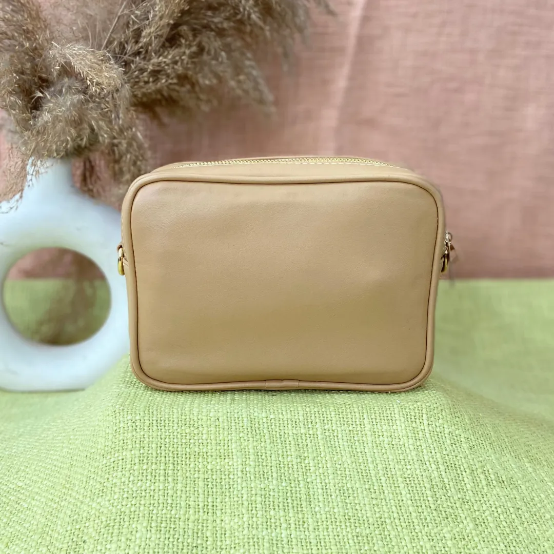 Beige Dual Compartment Bag with Black T-Shape Belt   Big Wallet   Mini Wallet Combo